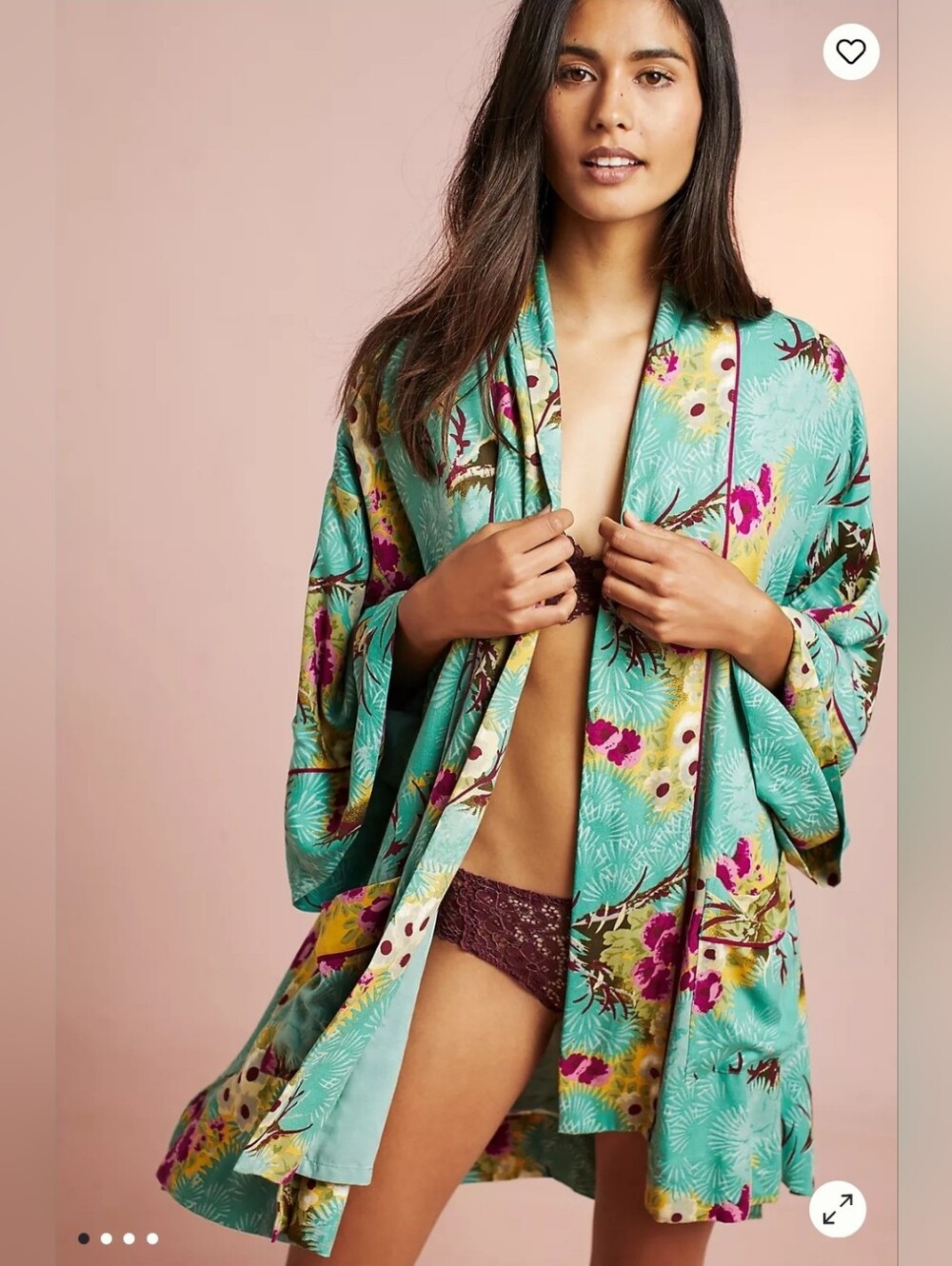 Anthropologie Floreat Robe Teal Pink Floral Kimono XS S
